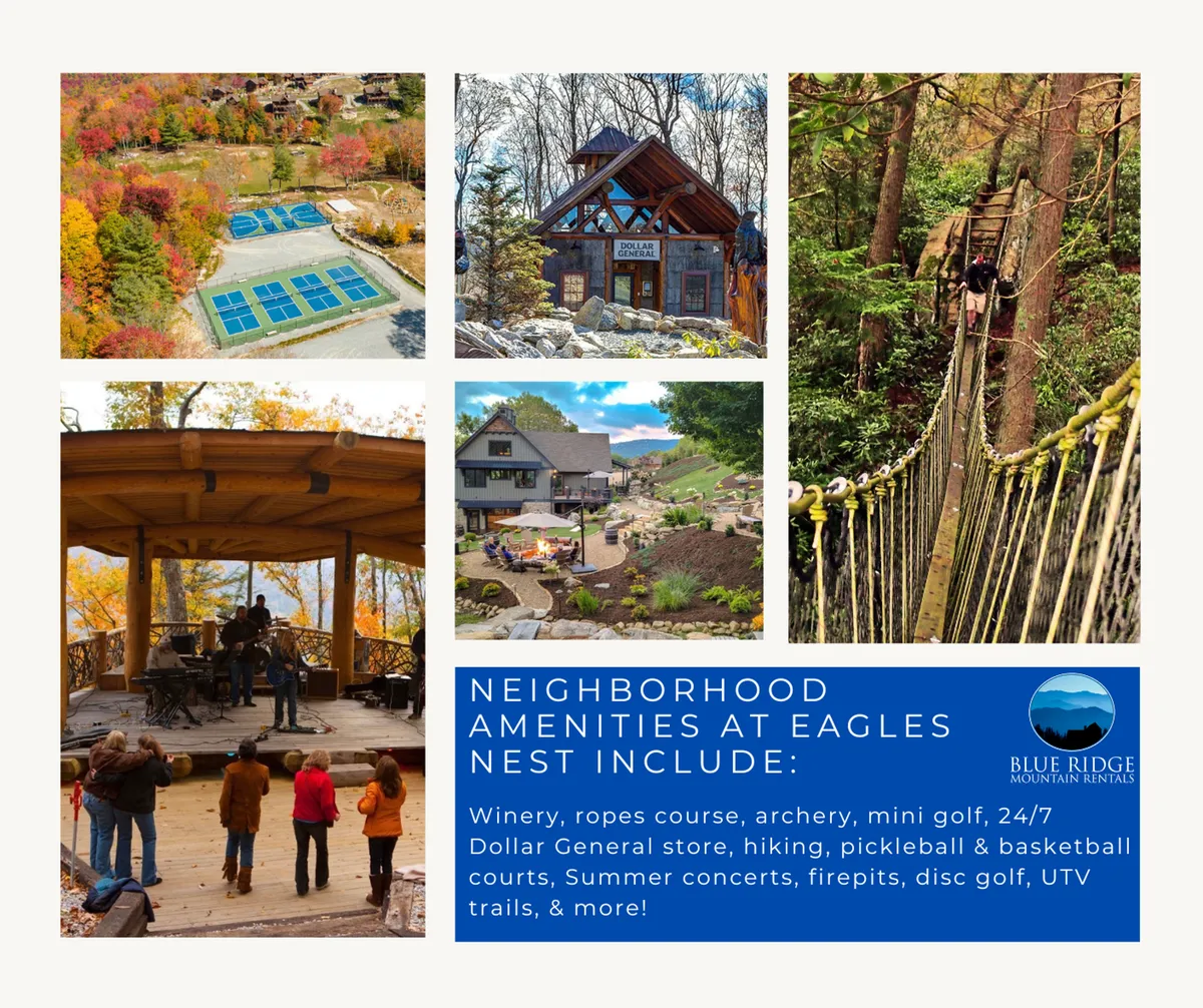 A lively exterior scene showcasing colorful foliage, open recreational spaces, and communal areas where families are enjoying a range of outdoor activities such as hiking, mini golf, and archery. The image captures the energy and communal spirit of Camp Eagles Nest, with vibrant colors and visible action.